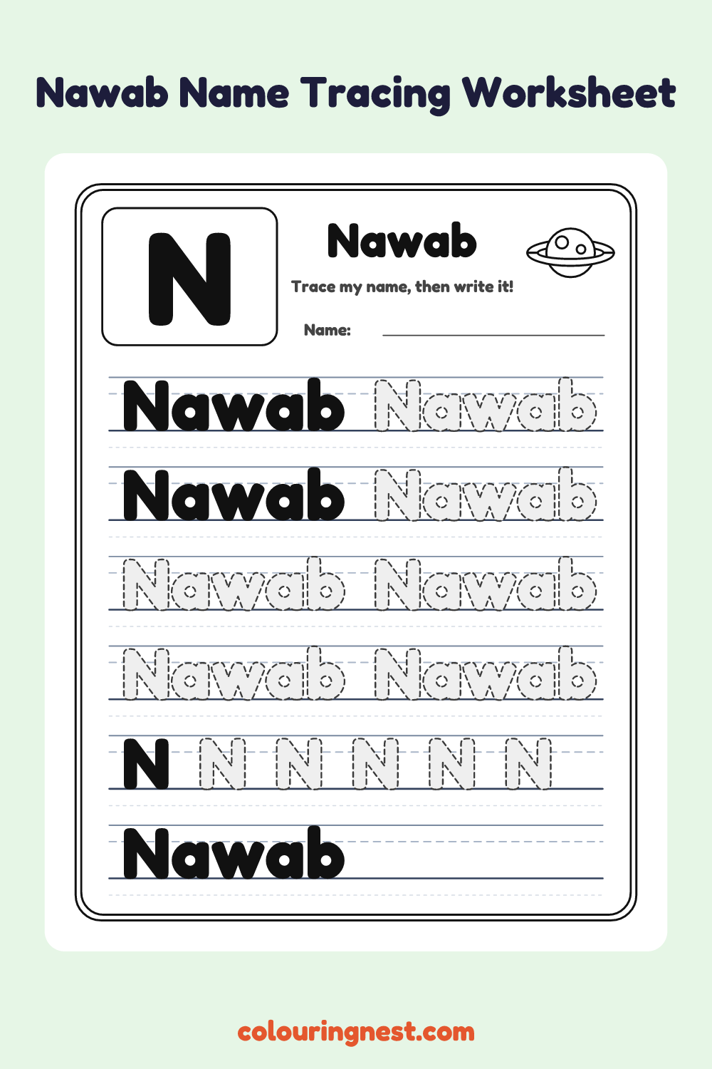 Nawab Name Tracing Worksheet: free printable black-and-white line art
