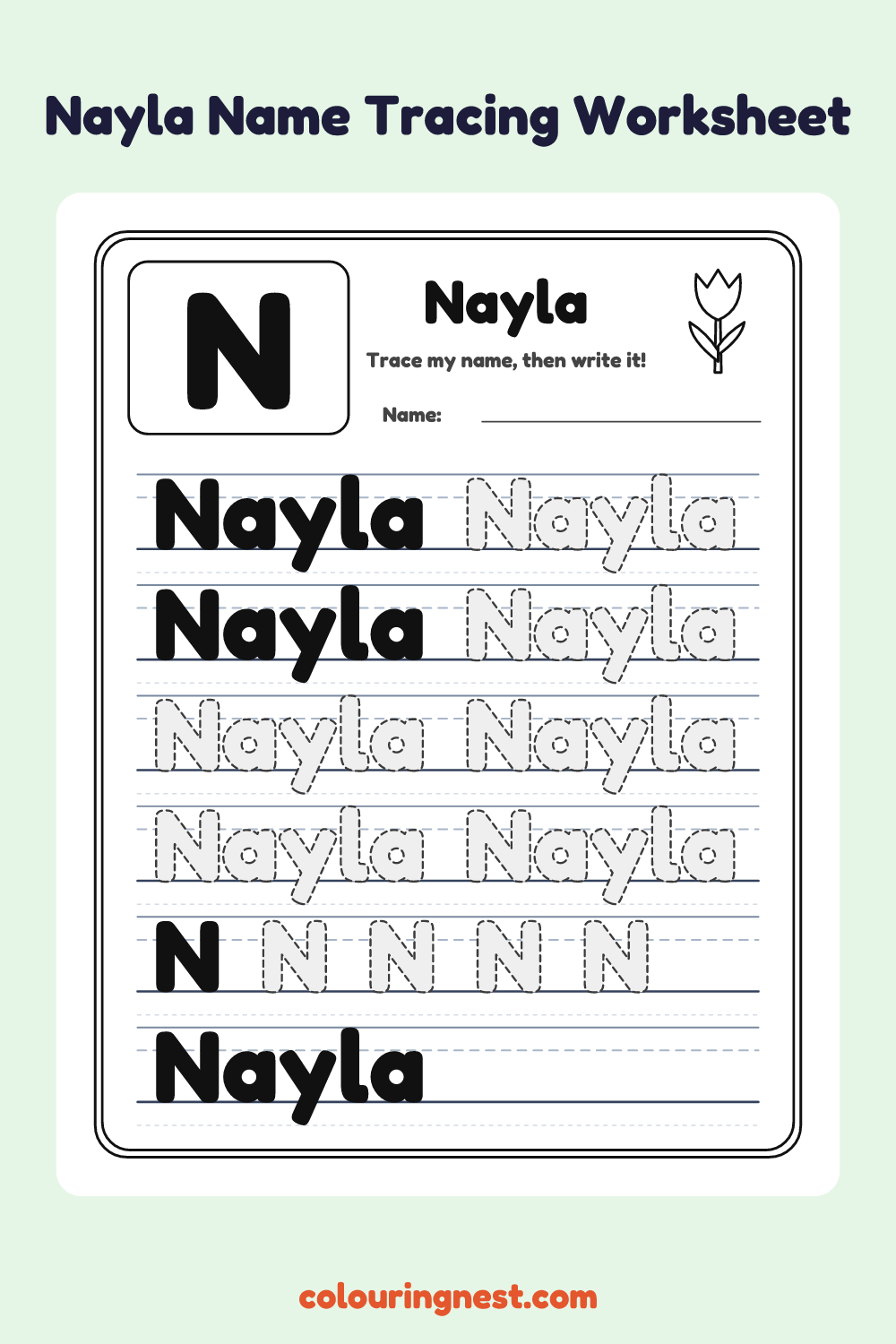 Nayla Name Tracing Worksheet: free printable black-and-white line art