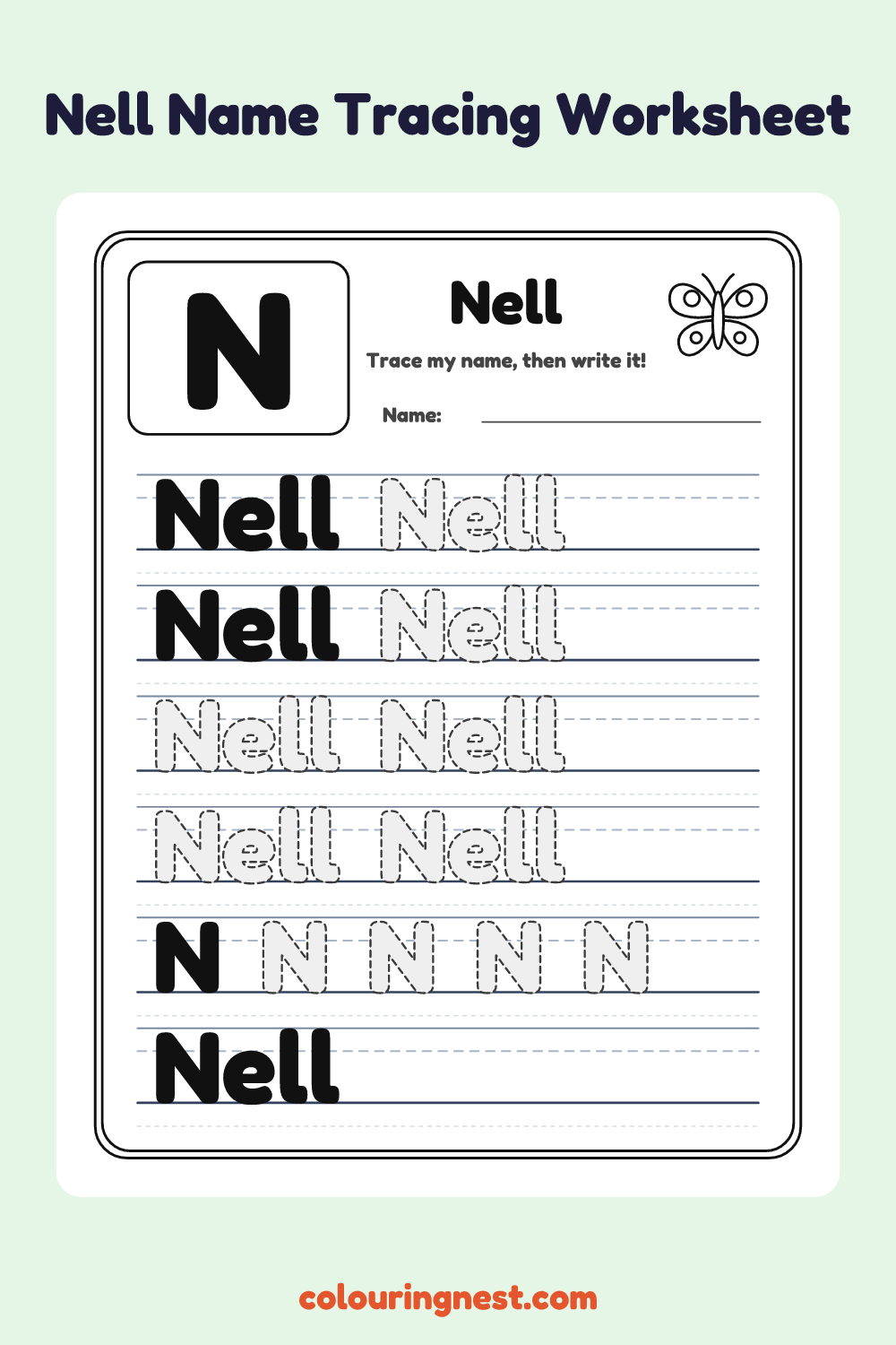 Nell Name Tracing Worksheet: free printable black-and-white line art