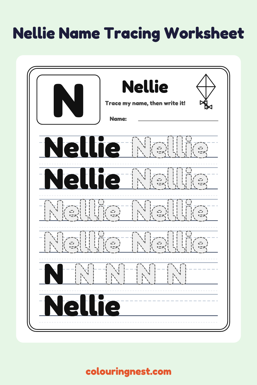 Nellie Name Tracing Worksheet: free printable black-and-white line art