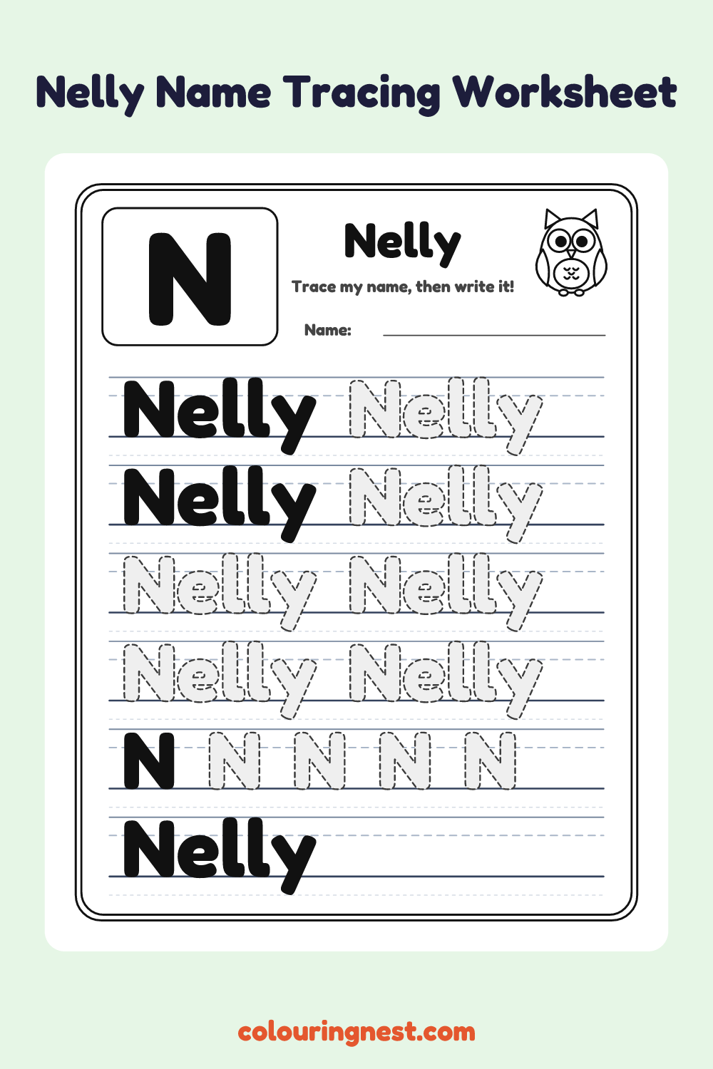 Nelly Name Tracing Worksheet: free printable black-and-white line art