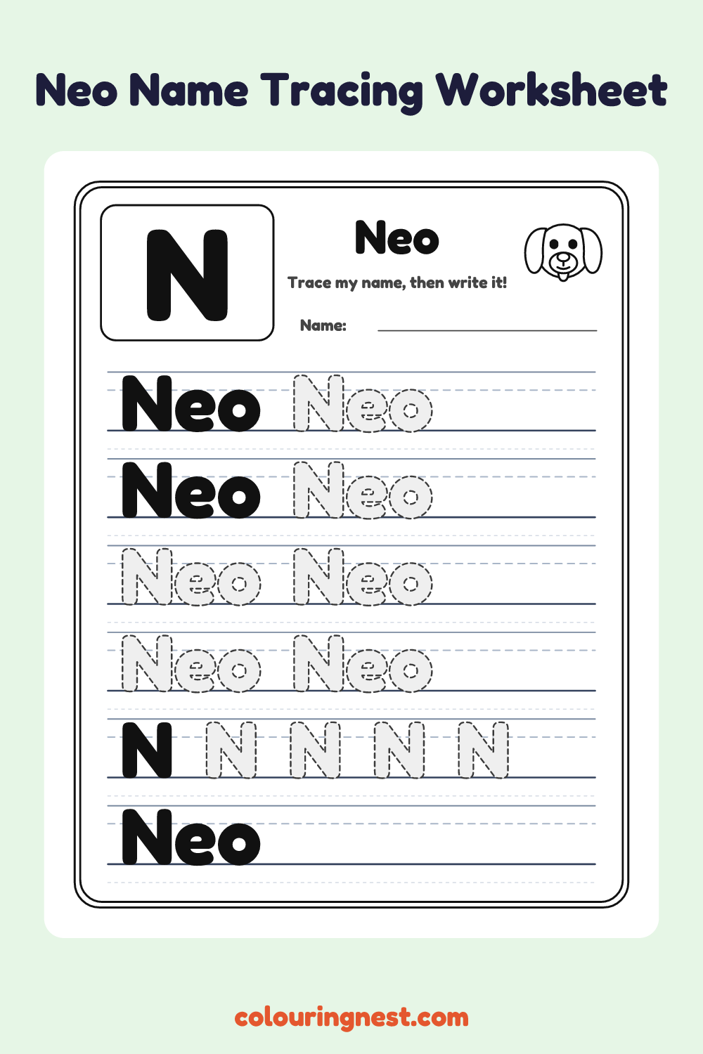 Neo Name Tracing Worksheet: free printable black-and-white line art