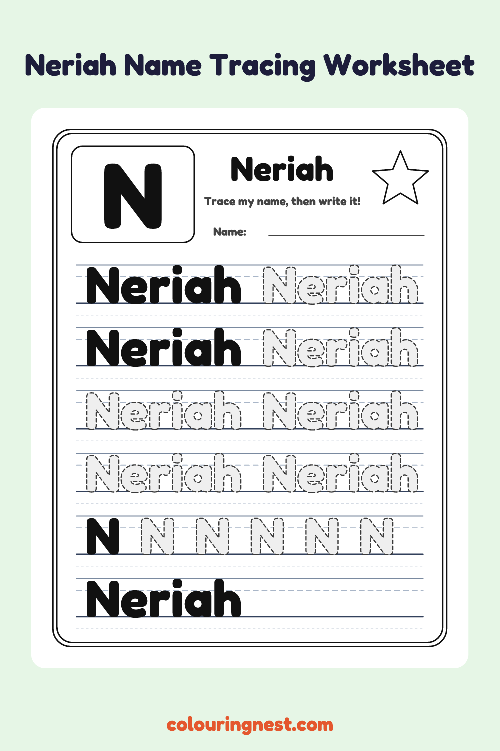 Neriah Name Tracing Worksheet: free printable black-and-white line art
