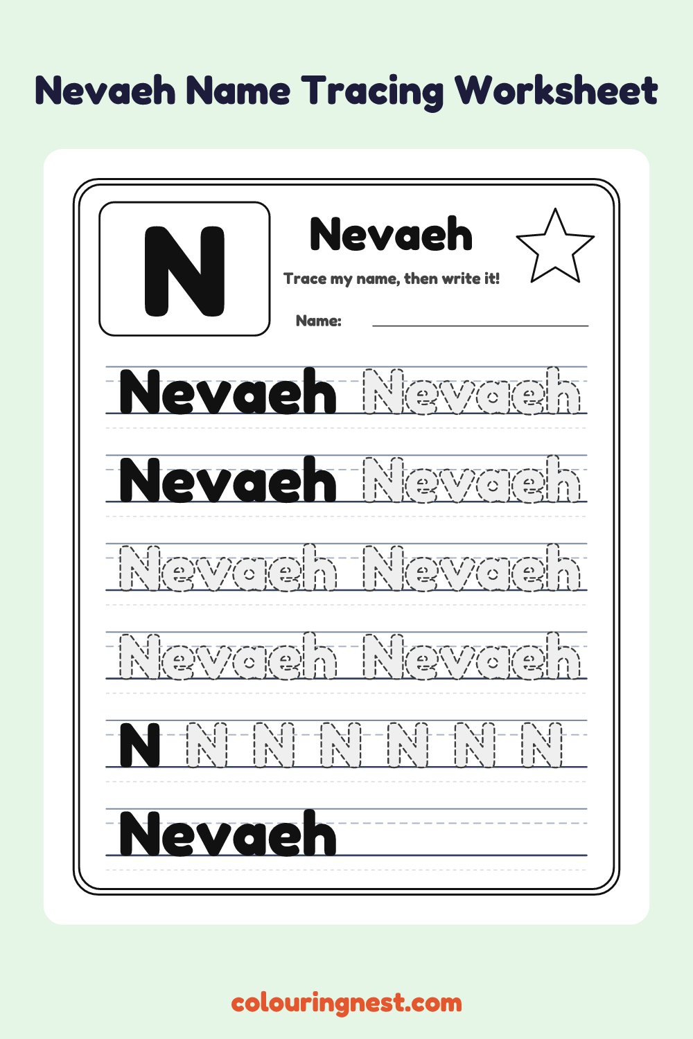 Nevaeh Name Tracing Worksheet: free printable black-and-white line art