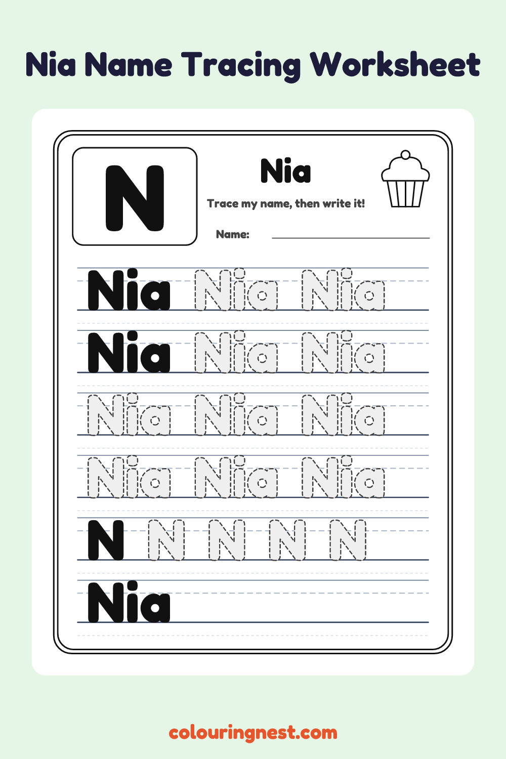 Nia Name Tracing Worksheet: free printable black-and-white line art