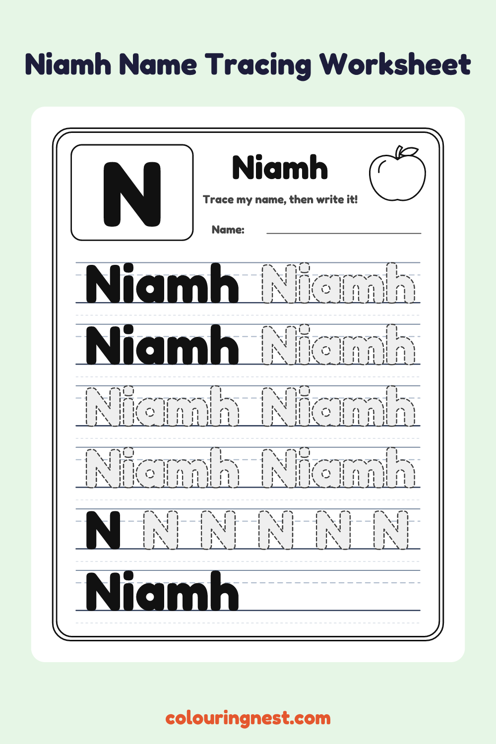 Niamh Name Tracing Worksheet: free printable black-and-white line art