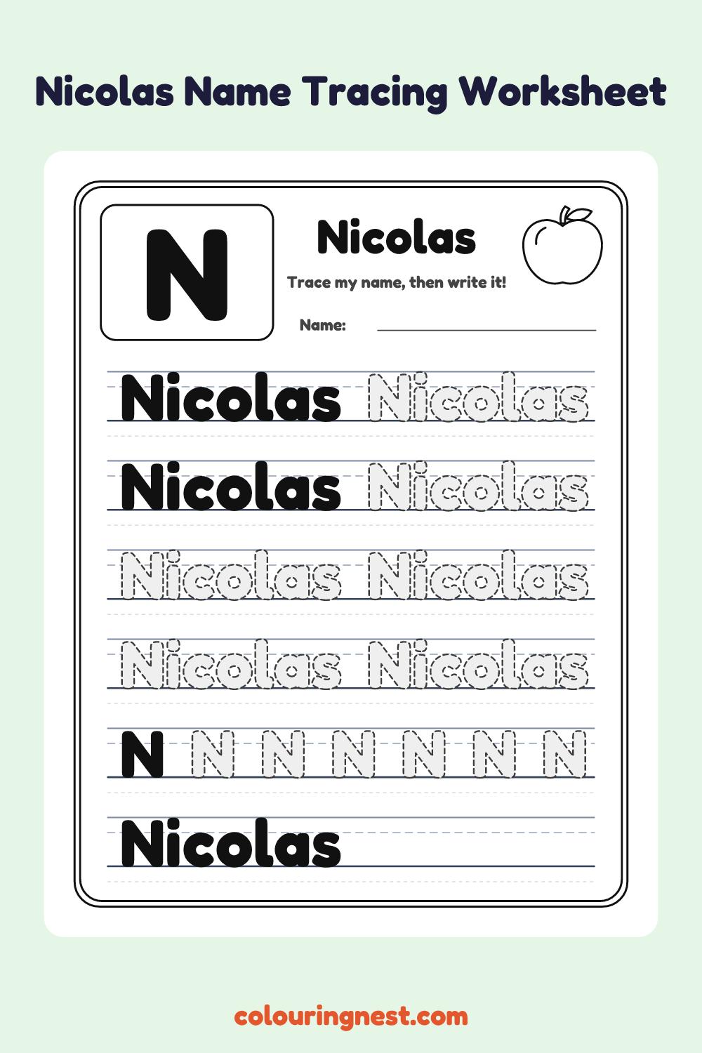 Nicolas Name Tracing Worksheet: free printable black-and-white line art