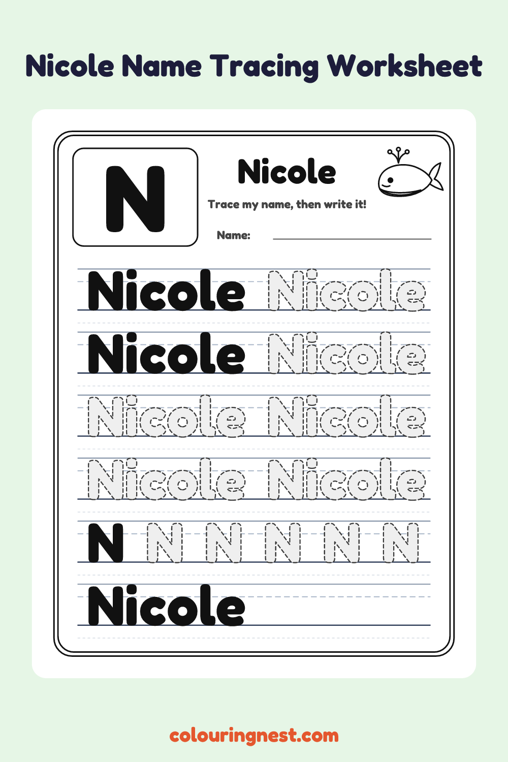 Nicole Name Tracing Worksheet: free printable black-and-white line art
