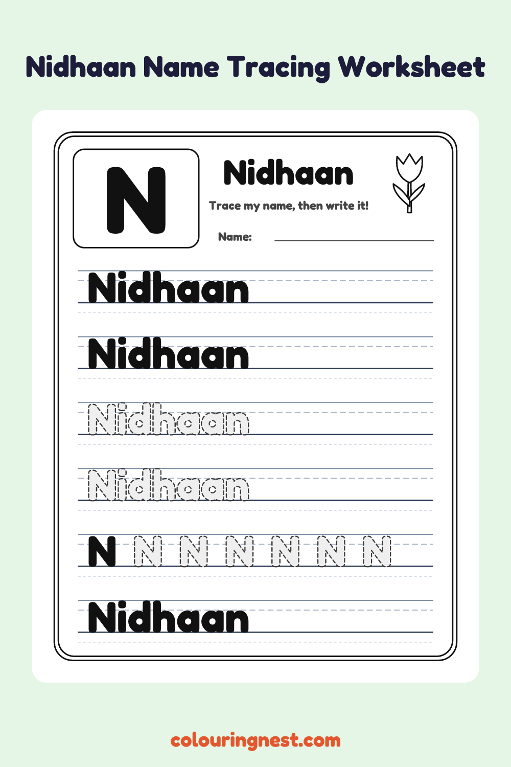 Nidhaan Name Tracing Worksheet: free printable black-and-white line art