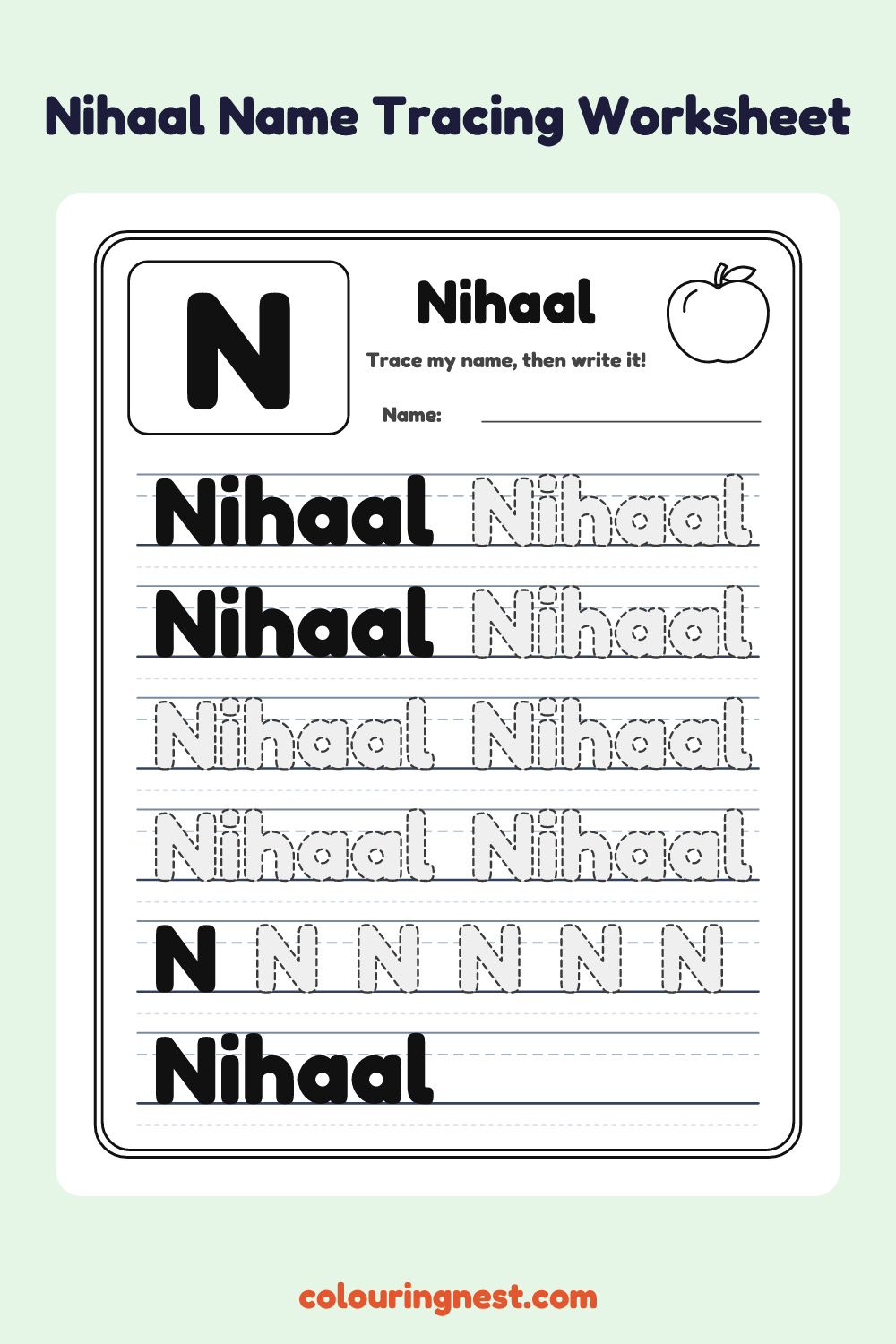 Nihaal Name Tracing Worksheet: free printable black-and-white line art