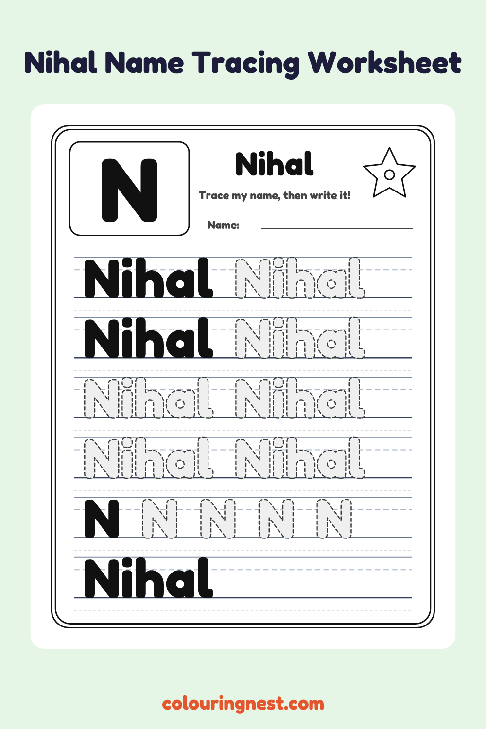 Nihal Name Tracing Worksheet: free printable black-and-white line art