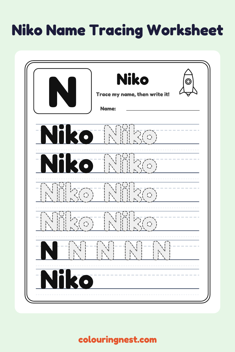 Niko Name Tracing Worksheet: free printable black-and-white line art