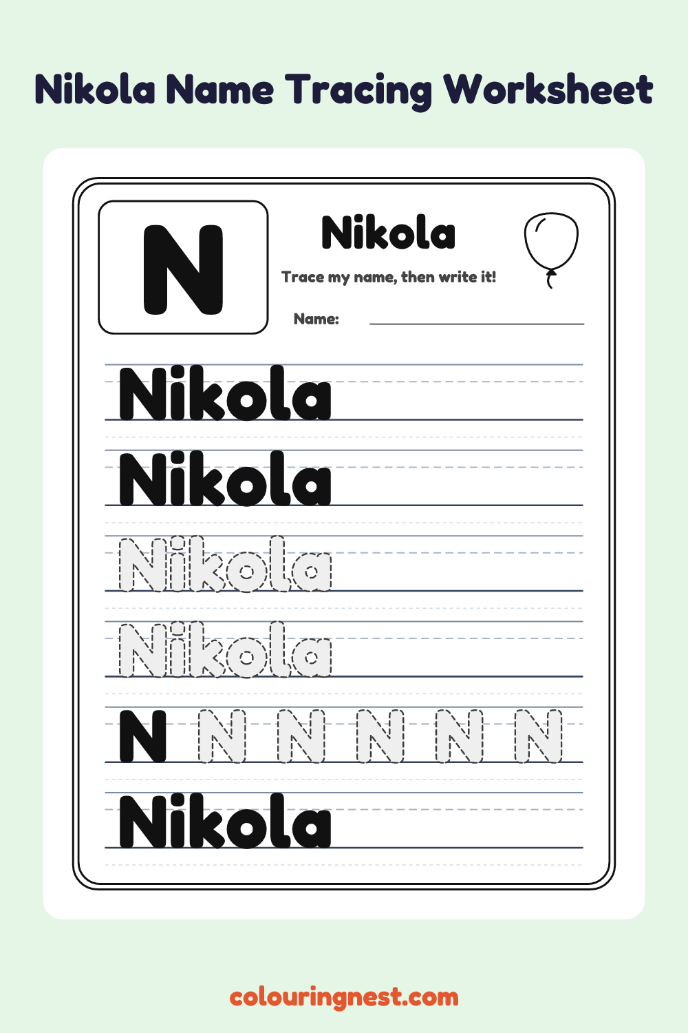 Nikola Name Tracing Worksheet: free printable black-and-white line art