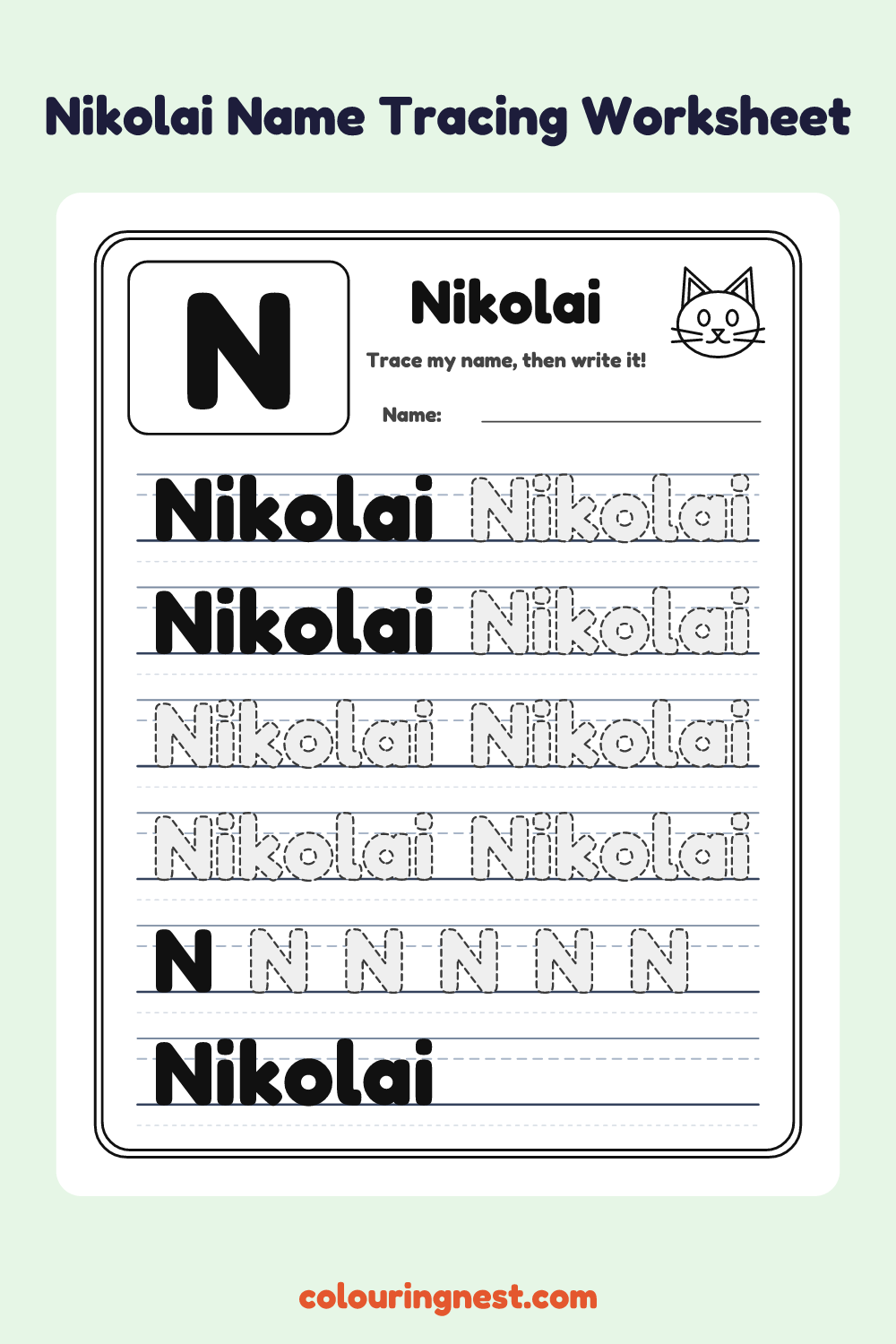 Nikolai Name Tracing Worksheet: free printable black-and-white line art