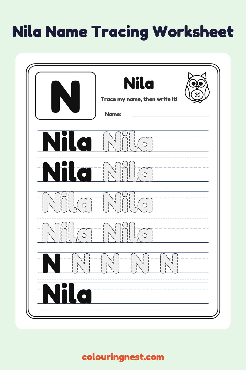 Nila Name Tracing Worksheet: free printable black-and-white line art