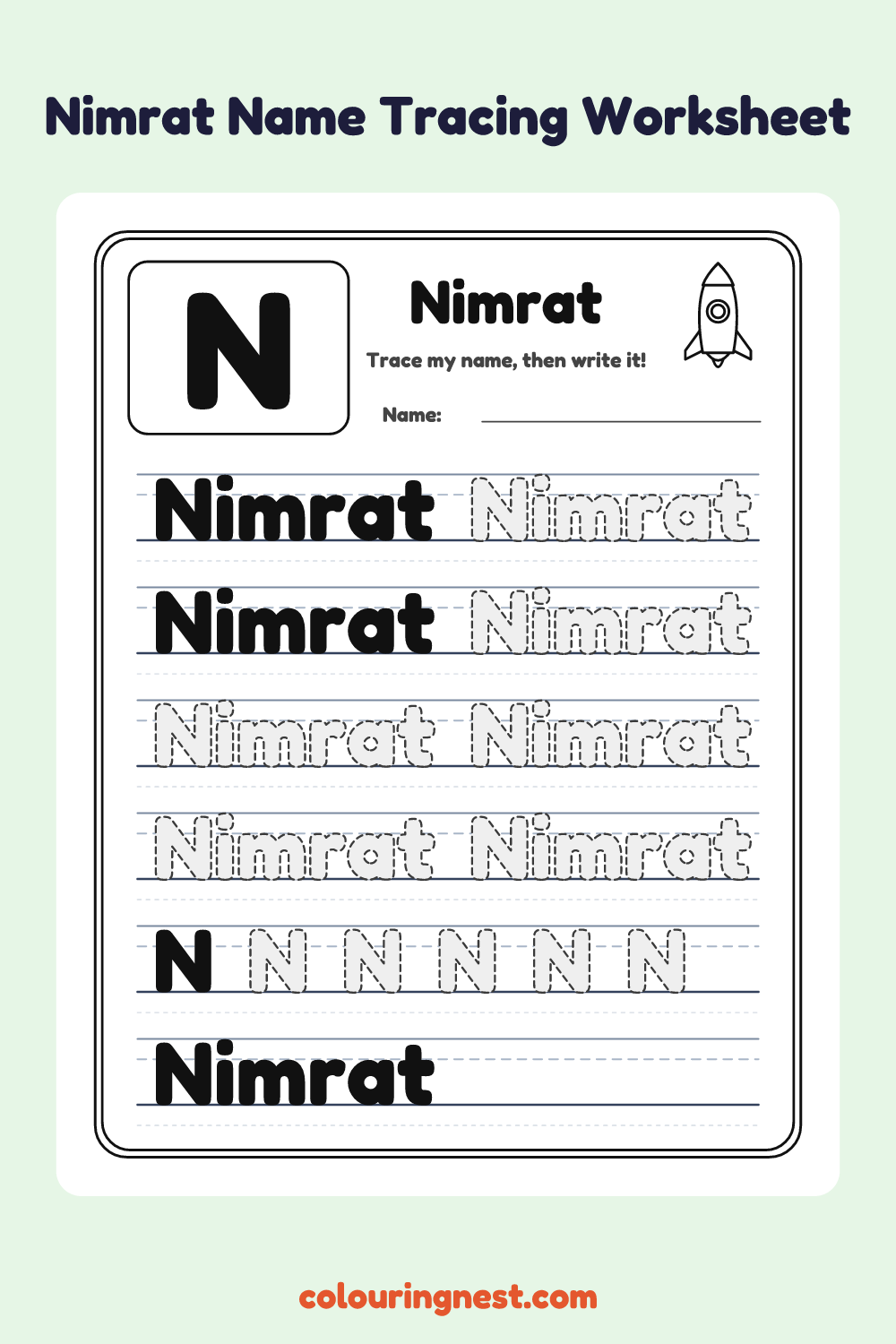 Nimrat Name Tracing Worksheet: free printable black-and-white line art