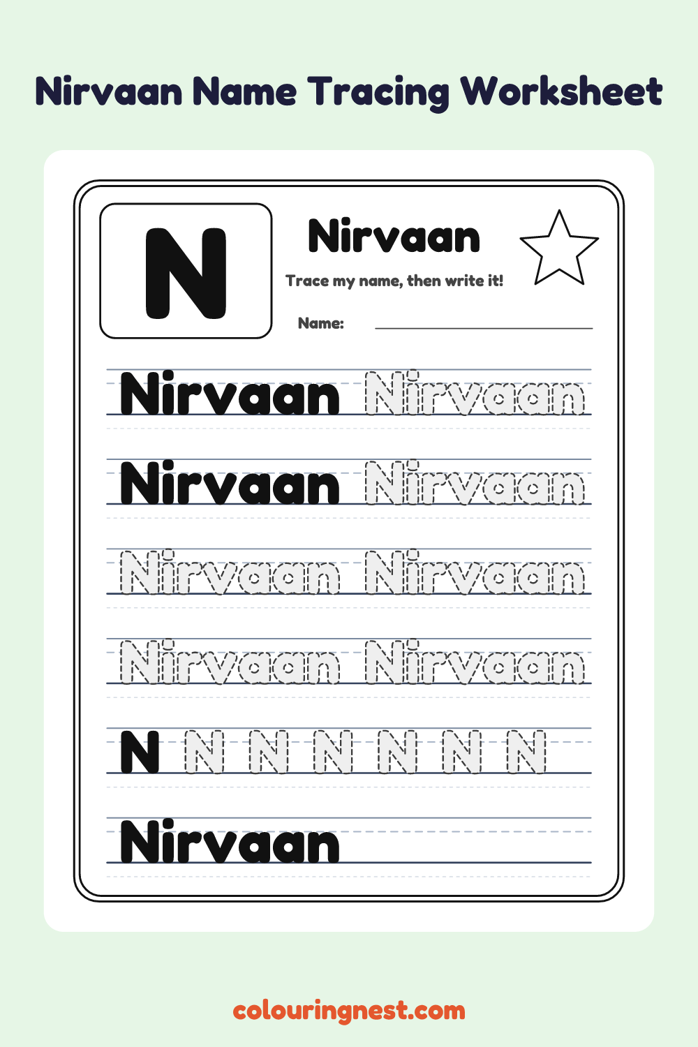Nirvaan Name Tracing Worksheet: free printable black-and-white line art