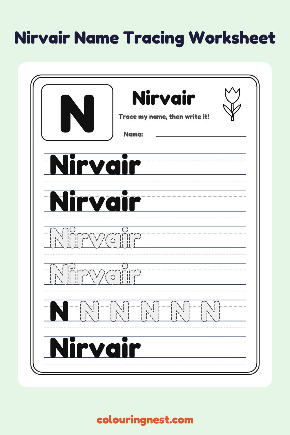 Nirvair Name Tracing Worksheet: free printable black-and-white line art