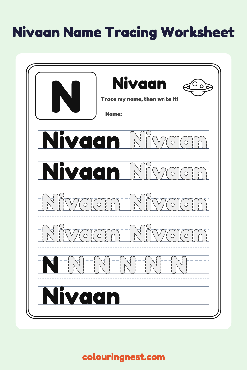 Nivaan Name Tracing Worksheet: free printable black-and-white line art