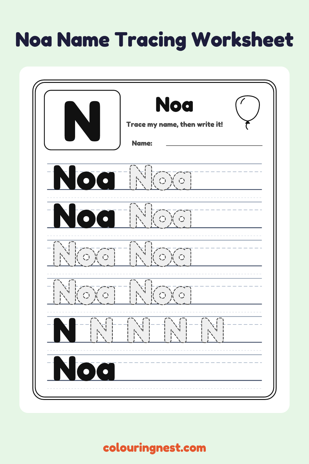 Noa Name Tracing Worksheet: free printable black-and-white line art
