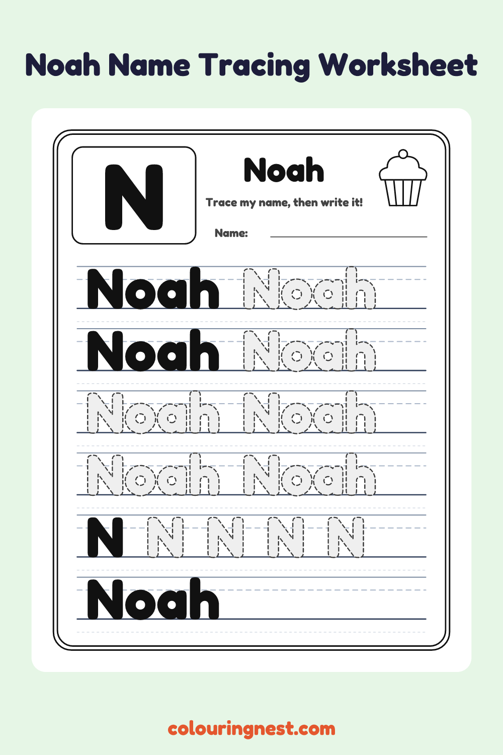 Noah Name Tracing Worksheet: free printable black-and-white line art