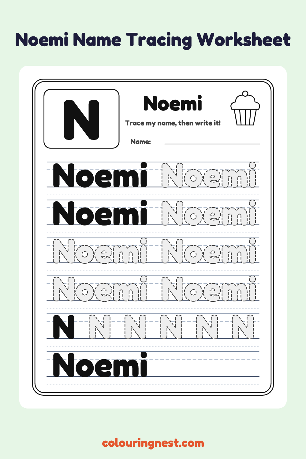 Noemi Name Tracing Worksheet: free printable black-and-white line art