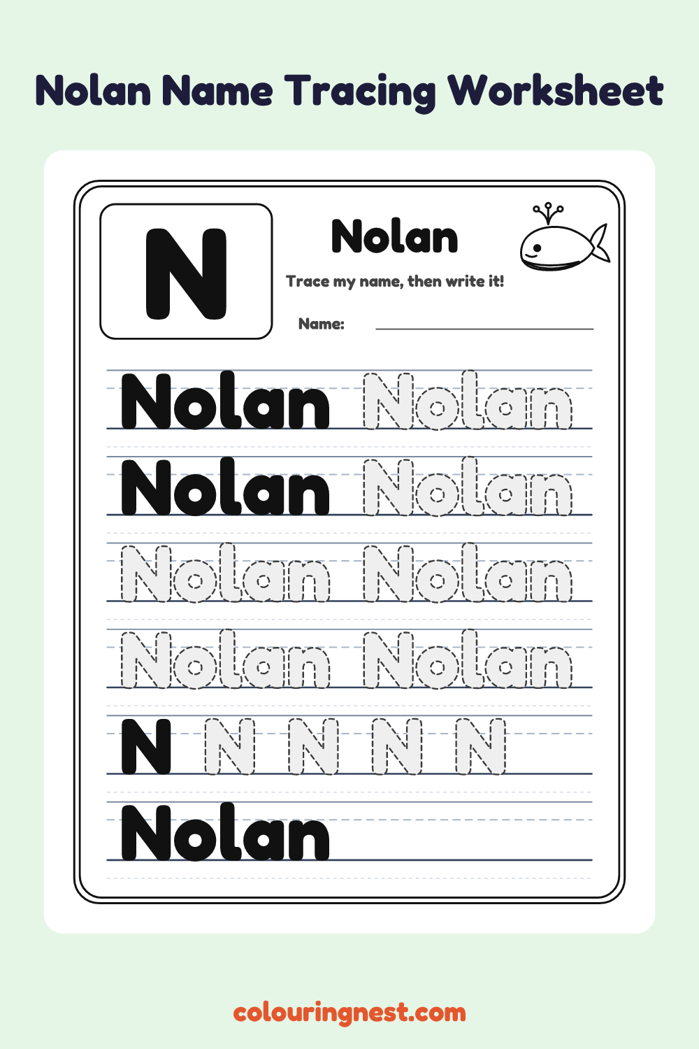 Nolan Name Tracing Worksheet: free printable black-and-white line art