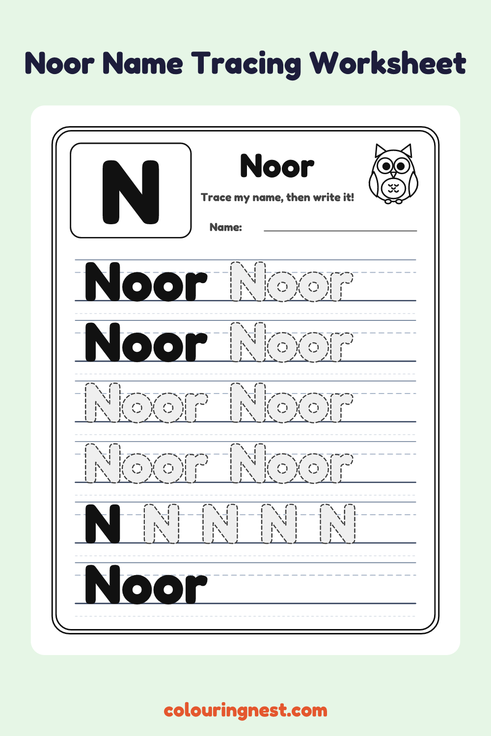 Noor Name Tracing Worksheet: free printable black-and-white line art