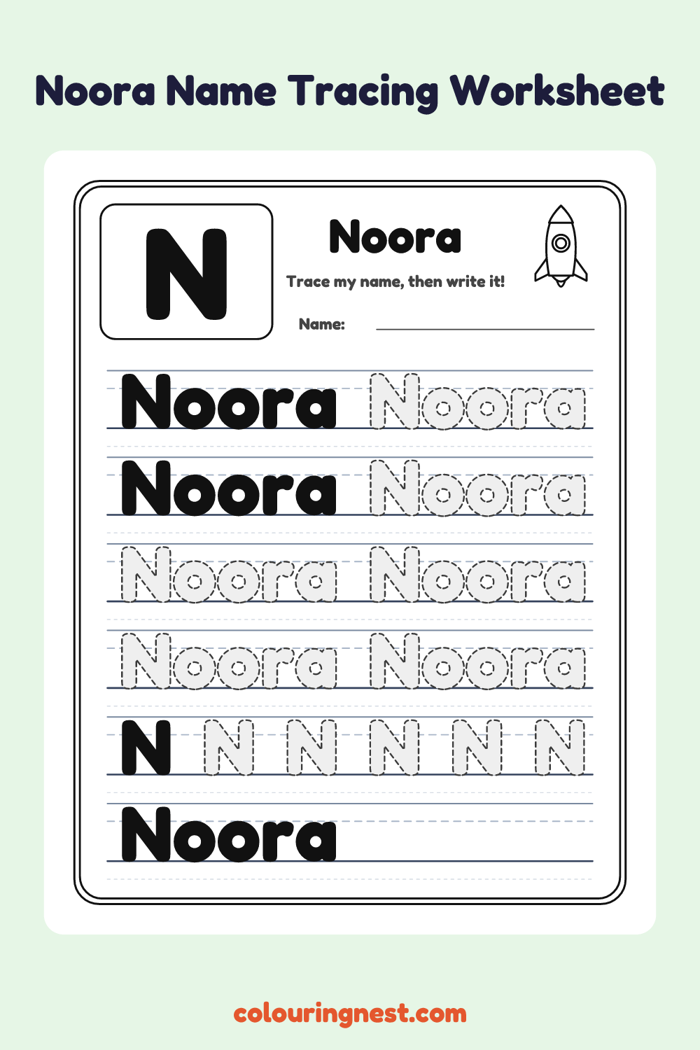 Noora Name Tracing Worksheet: free printable black-and-white line art