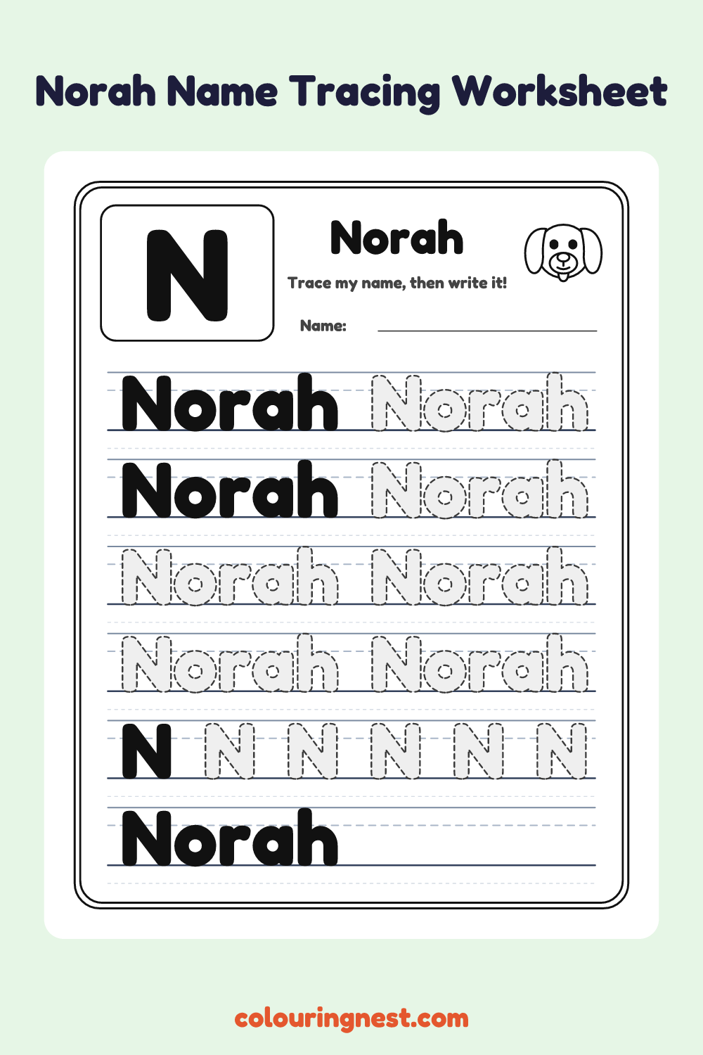 Norah Name Tracing Worksheet: free printable black-and-white line art