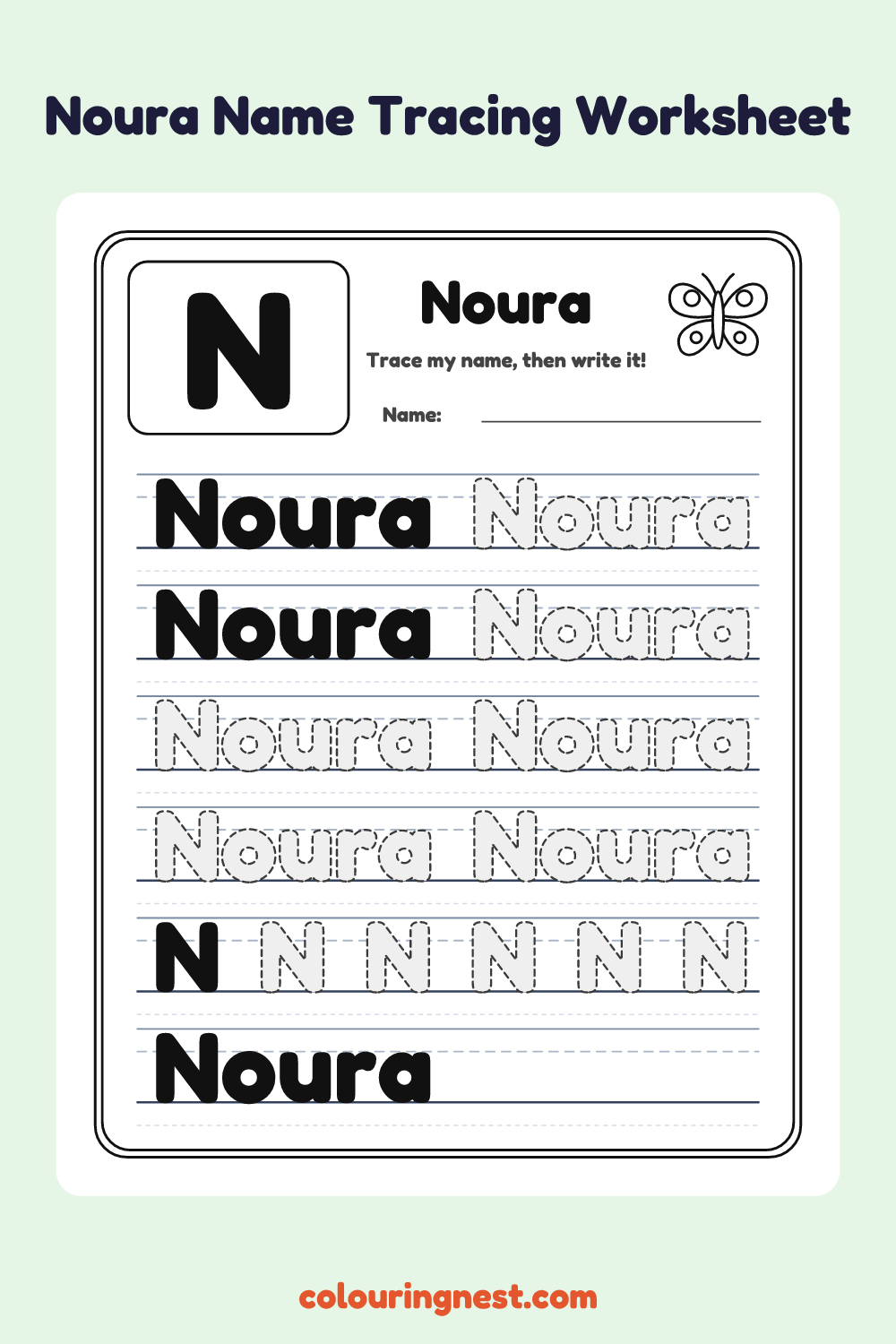 Noura Name Tracing Worksheet: free printable black-and-white line art