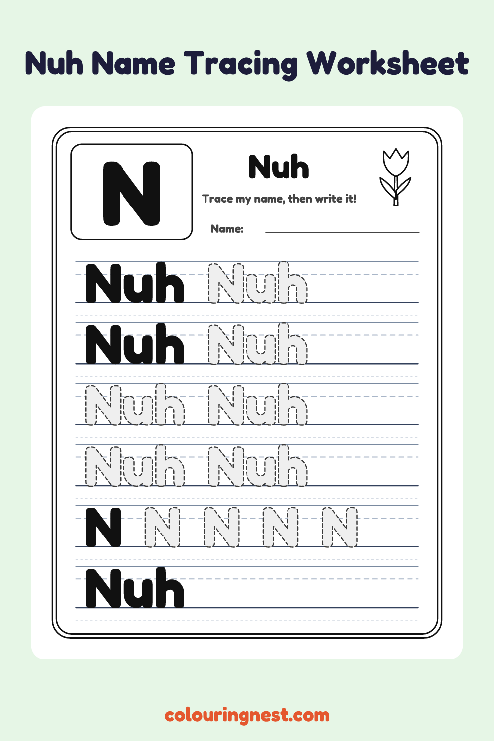 Nuh Name Tracing Worksheet: free printable black-and-white line art