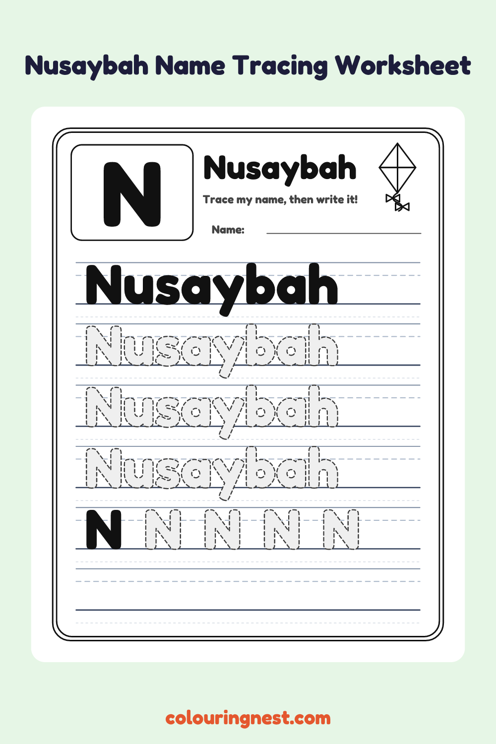 Nusaybah Name Tracing Worksheet: free printable black-and-white line art