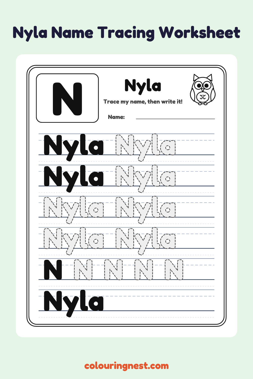 Nyla Name Tracing Worksheet: free printable black-and-white line art