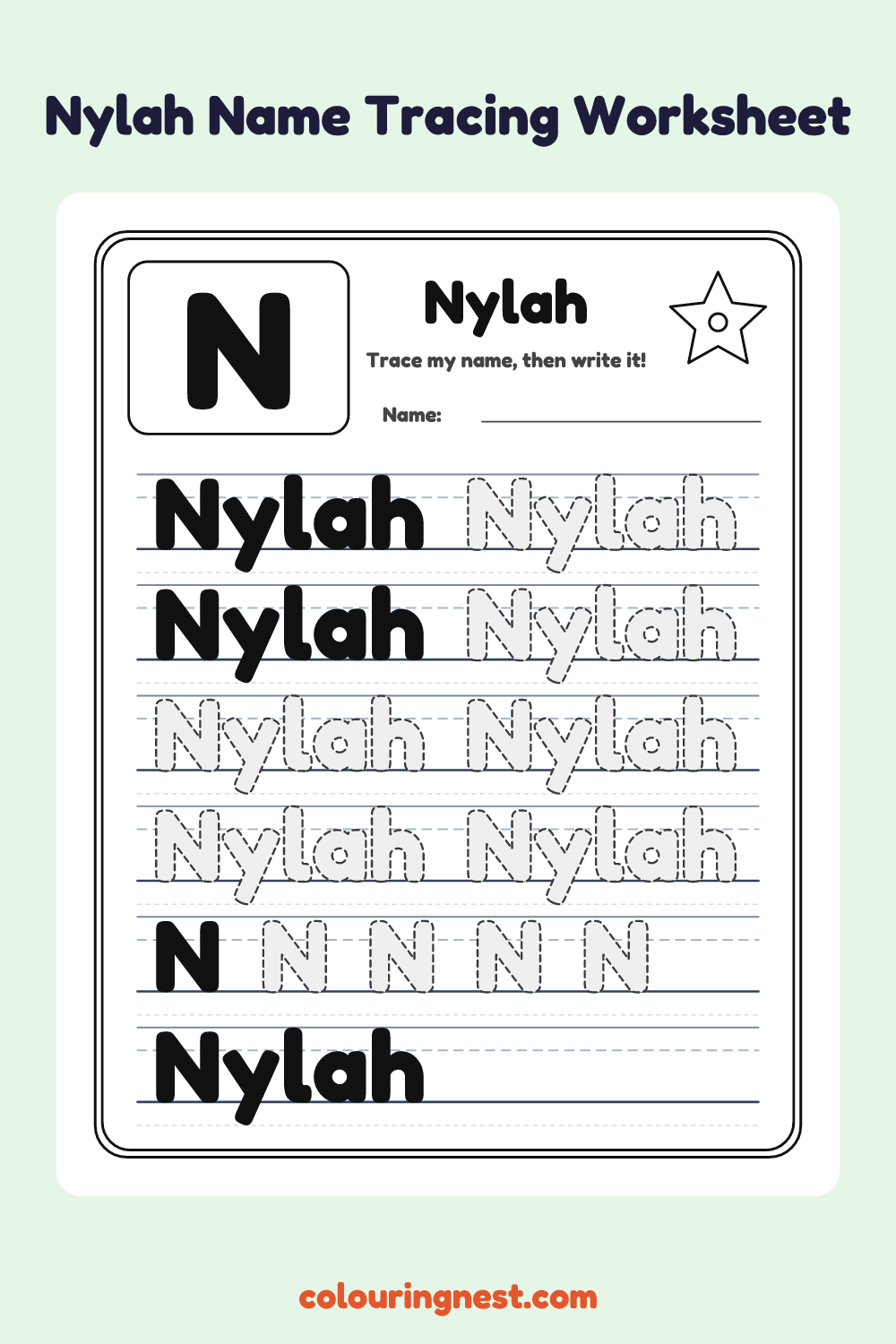 Nylah Name Tracing Worksheet: free printable black-and-white line art