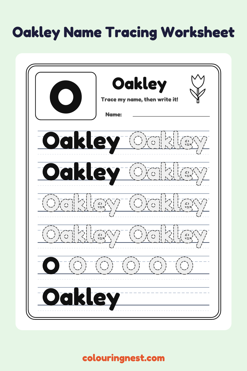 Oakley Name Tracing Worksheet: free printable black-and-white line art