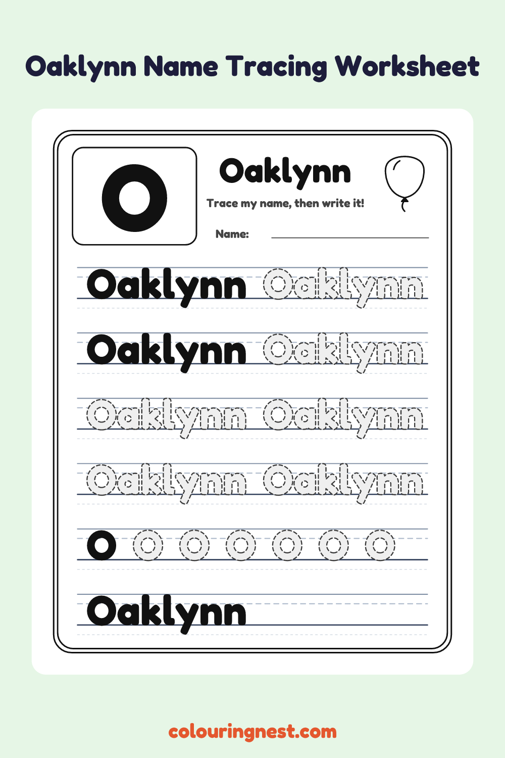 Oaklynn Name Tracing Worksheet: free printable black-and-white line art