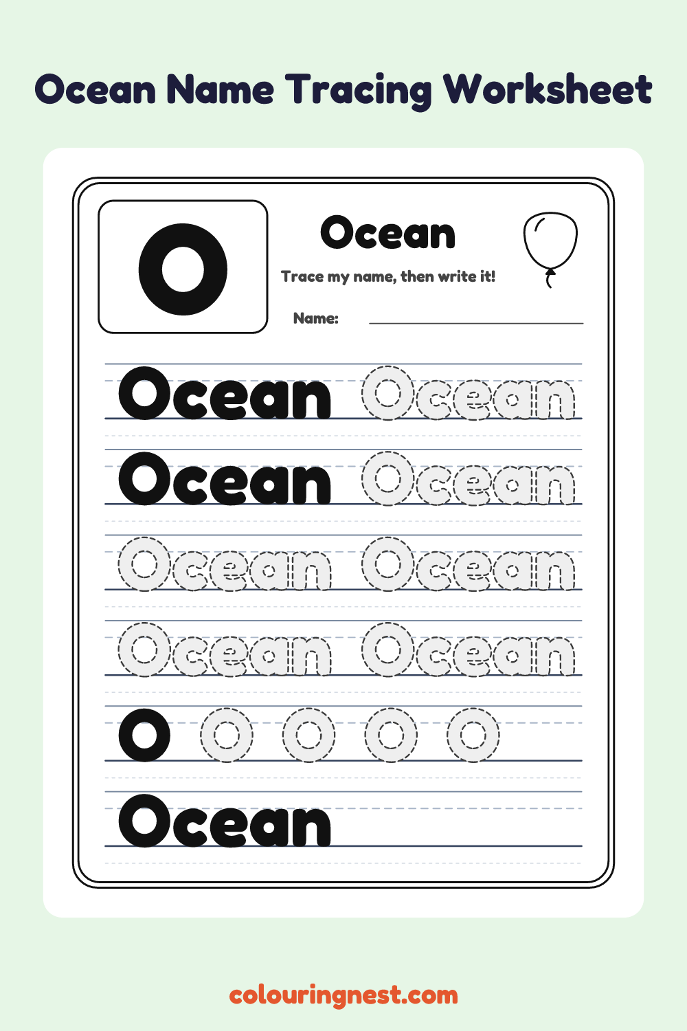 Ocean Name Tracing Worksheet: free printable black-and-white line art