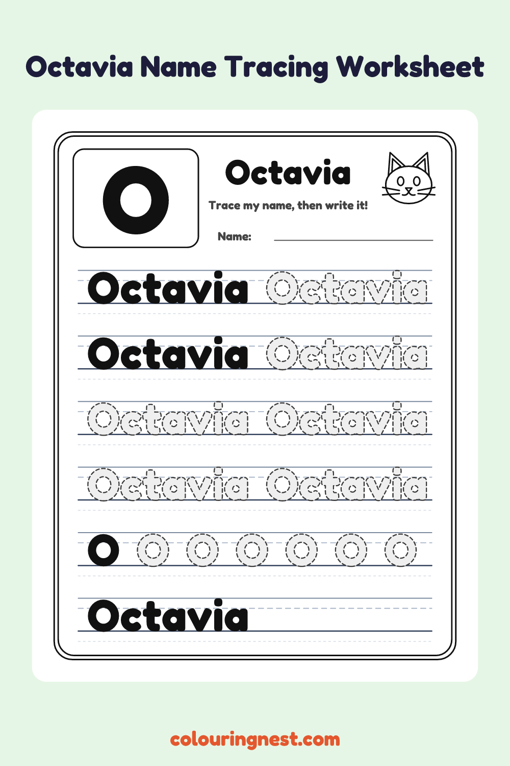 Octavia Name Tracing Worksheet: free printable black-and-white line art