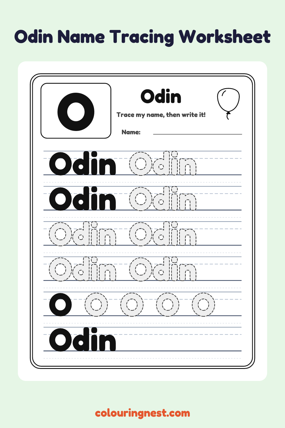 Odin Name Tracing Worksheet: free printable black-and-white line art