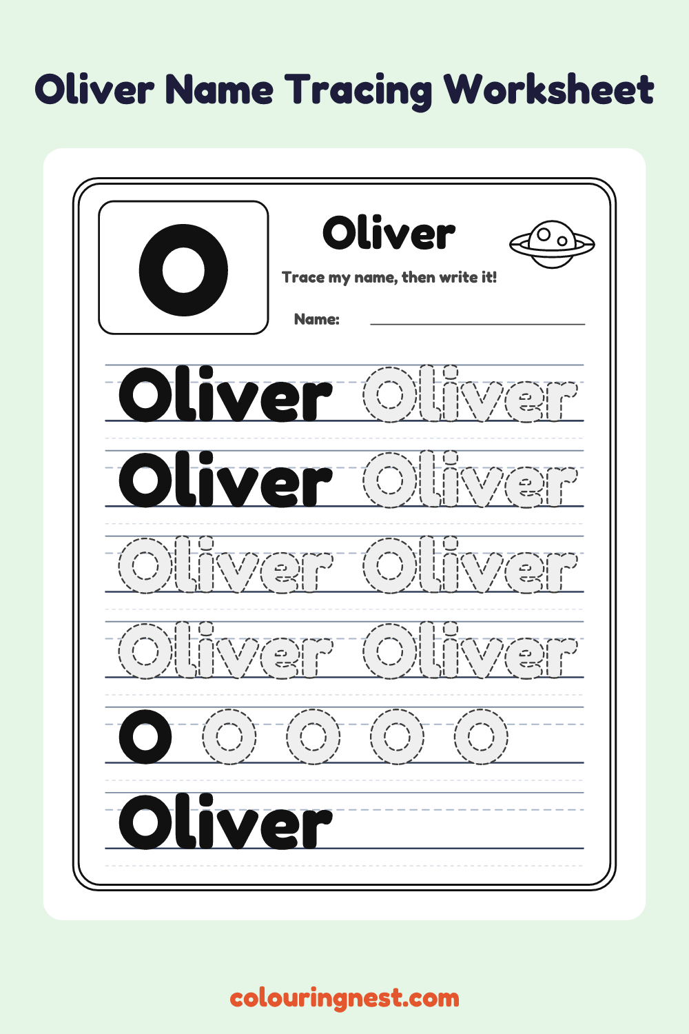 Oliver Name Tracing Worksheet: free printable black-and-white line art