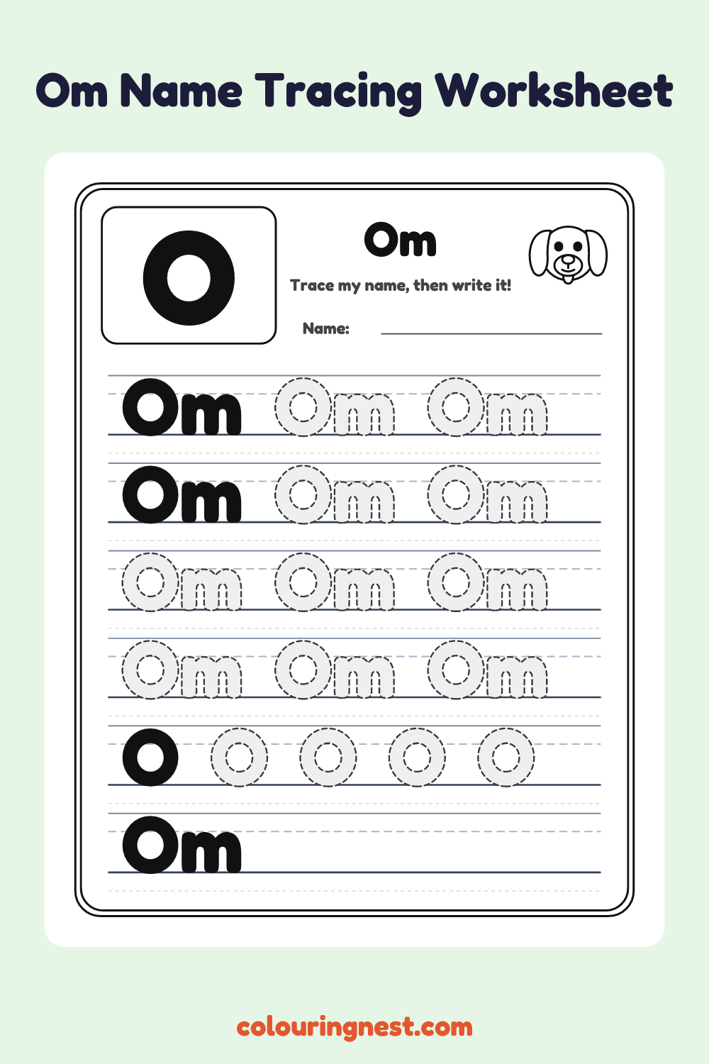 Om Name Tracing Worksheet: free printable black-and-white line art