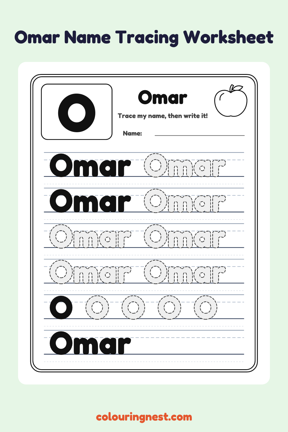 Omar Name Tracing Worksheet: free printable black-and-white line art