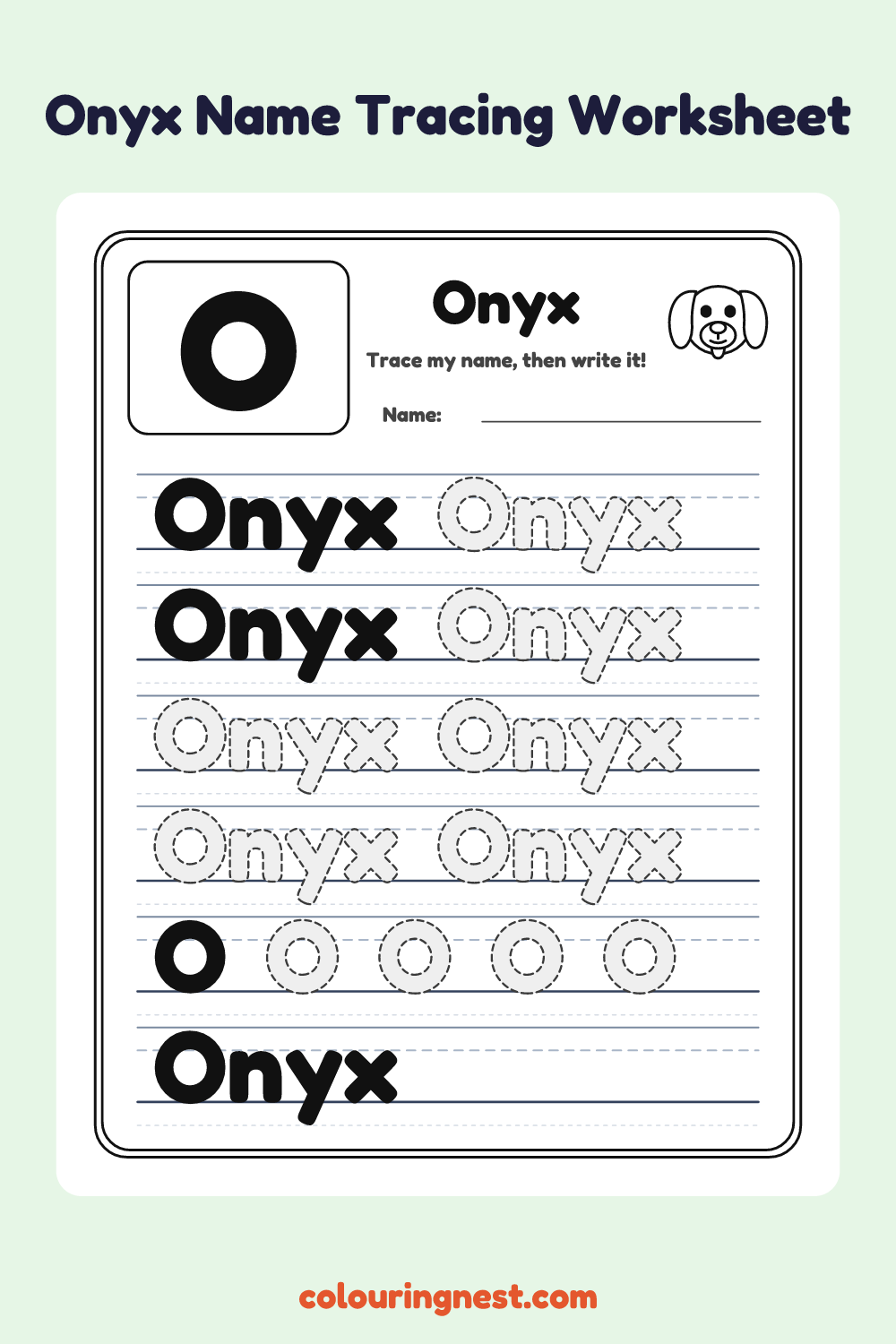Onyx Name Tracing Worksheet: free printable black-and-white line art