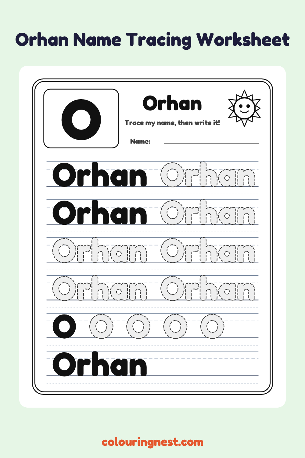 Orhan Name Tracing Worksheet: free printable black-and-white line art