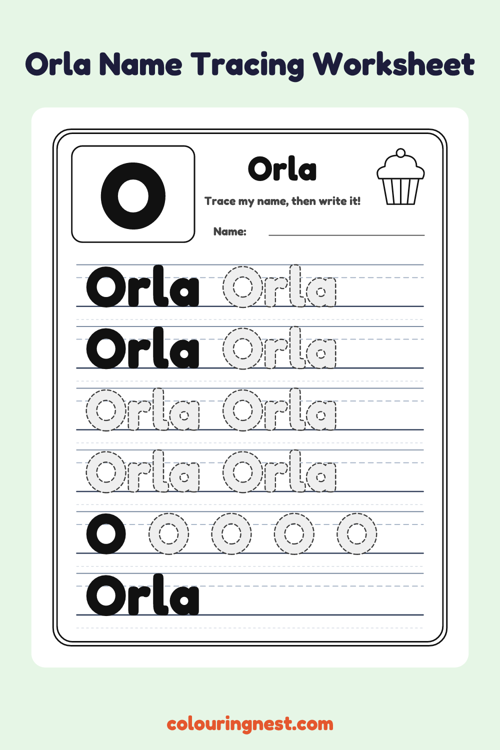 Orla Name Tracing Worksheet: free printable black-and-white line art