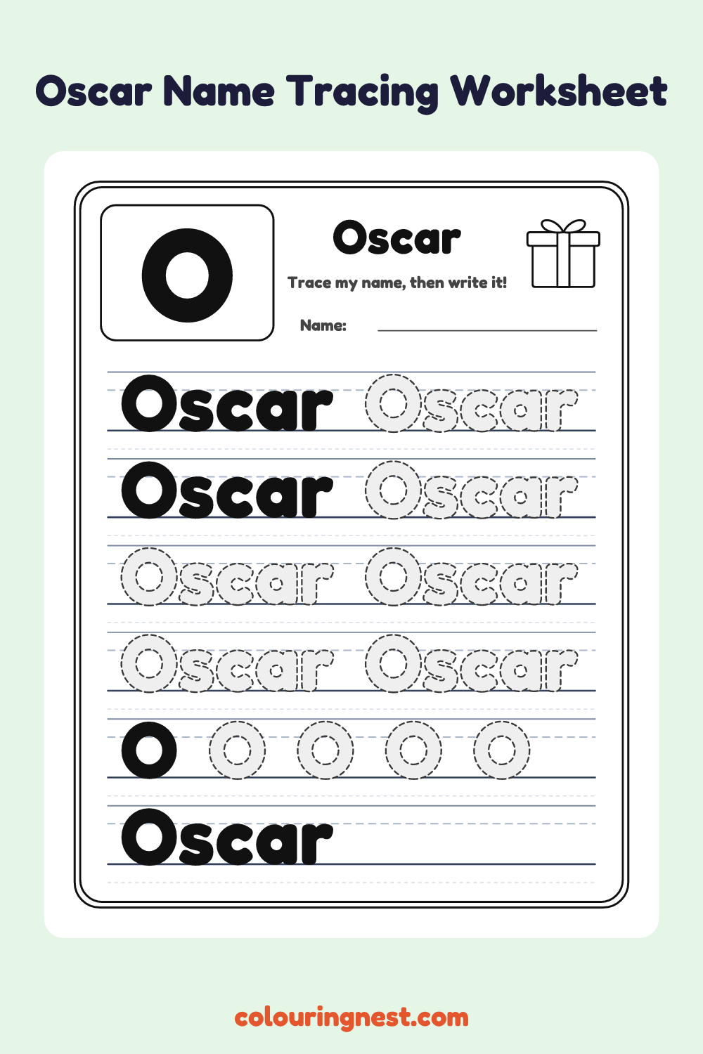 Oscar Name Tracing Worksheet: free printable black-and-white line art