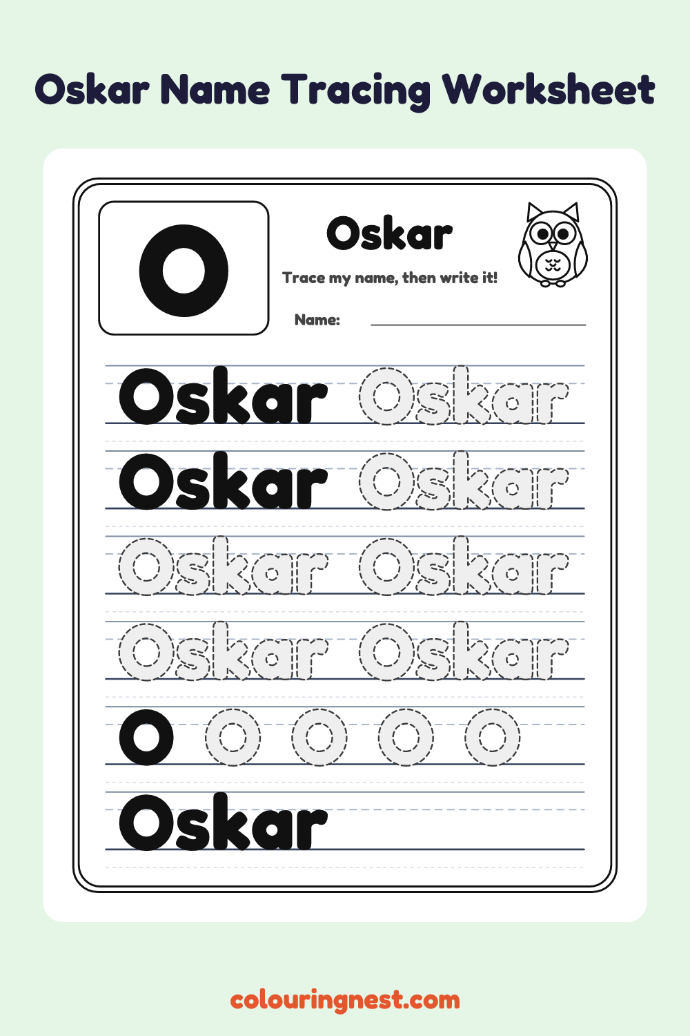 Oskar Name Tracing Worksheet: free printable black-and-white line art