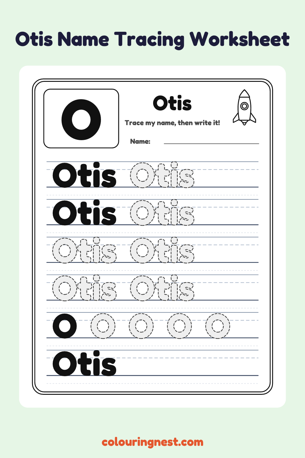 Otis Name Tracing Worksheet: free printable black-and-white line art