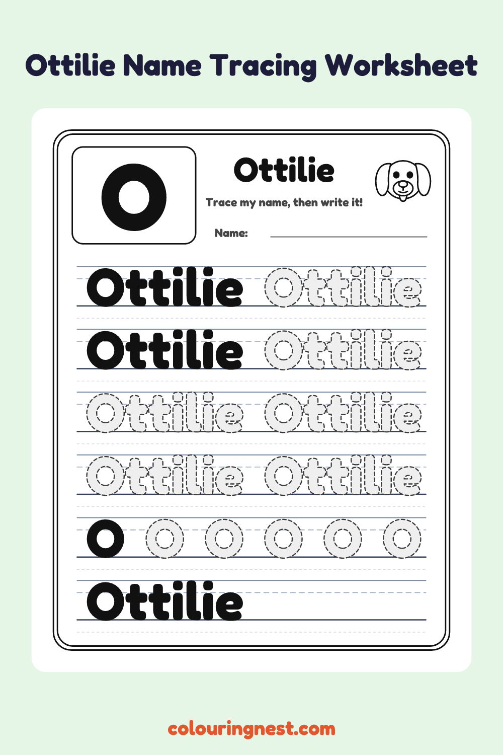 Ottilie Name Tracing Worksheet: free printable black-and-white line art